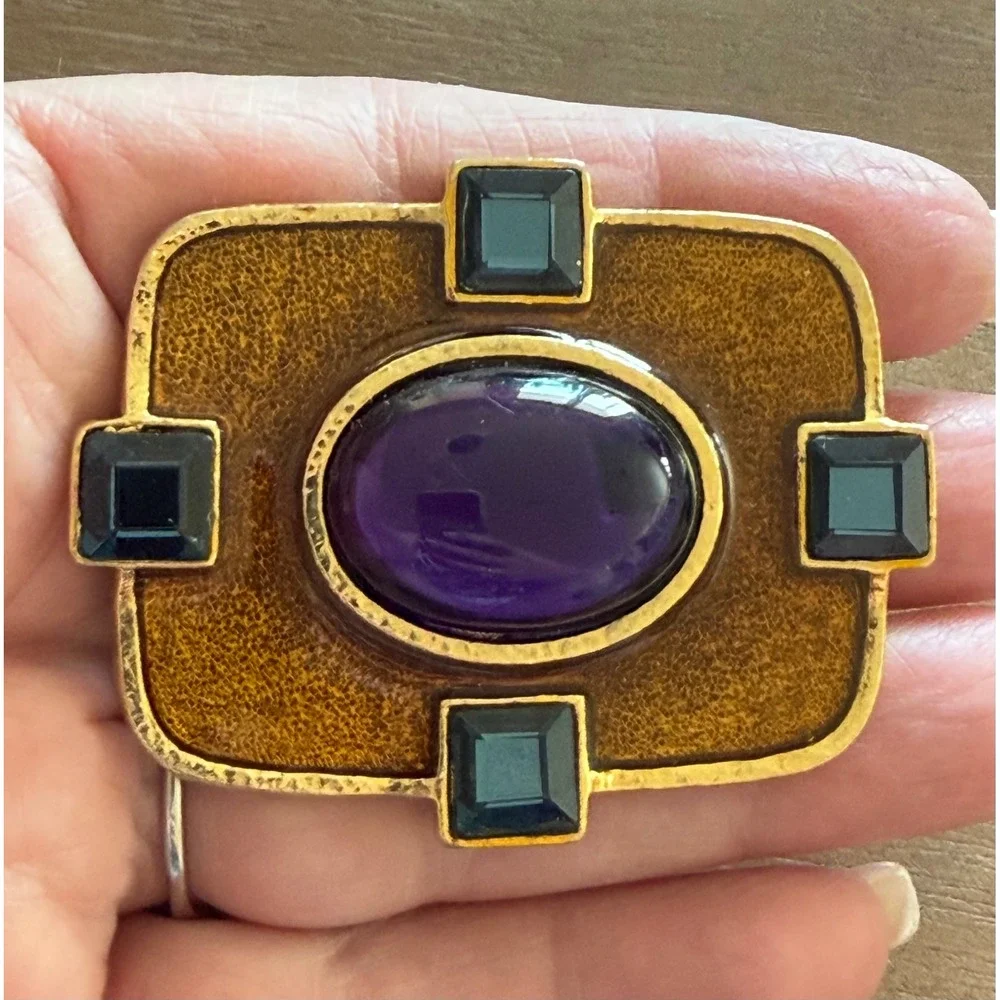 Vintage CRAFT signed Brooch Purple Cabochon Enamel Blue Crystal Stones